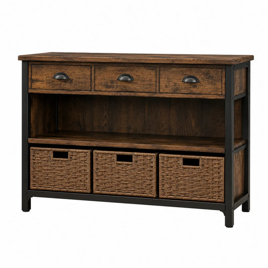 Holz-Metall-Konsole mit Rattankörben Braun 100cm