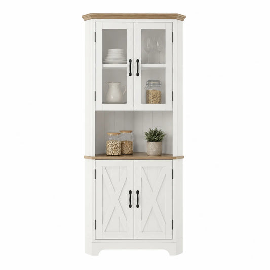 Eckschrank aus Massivholz Weiß/Natur mit Sicherheitsglas