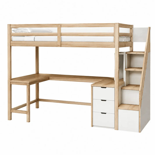 Hochbett mit Schreibtisch und Treppe aus Kiefernholz Natur/Weiß